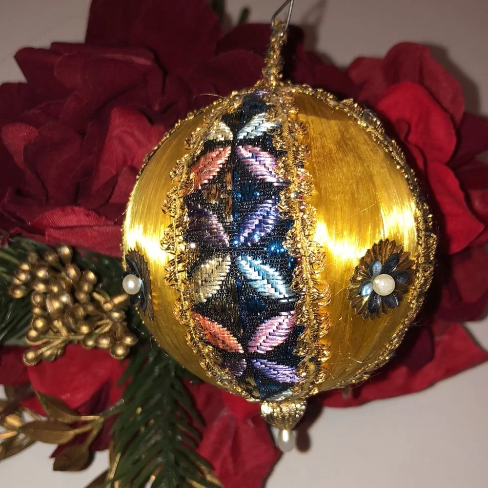 Gold Silk Ball Ornament Yellow Silk beaded ornament mid century Christmas
